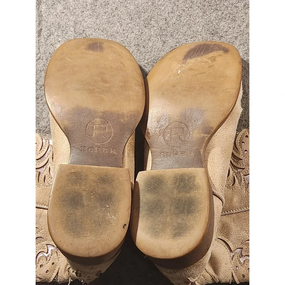 Roper Boots Kids Size 3 Beige Western Cowboy Square Toe Glitter Inlay Mid Calf